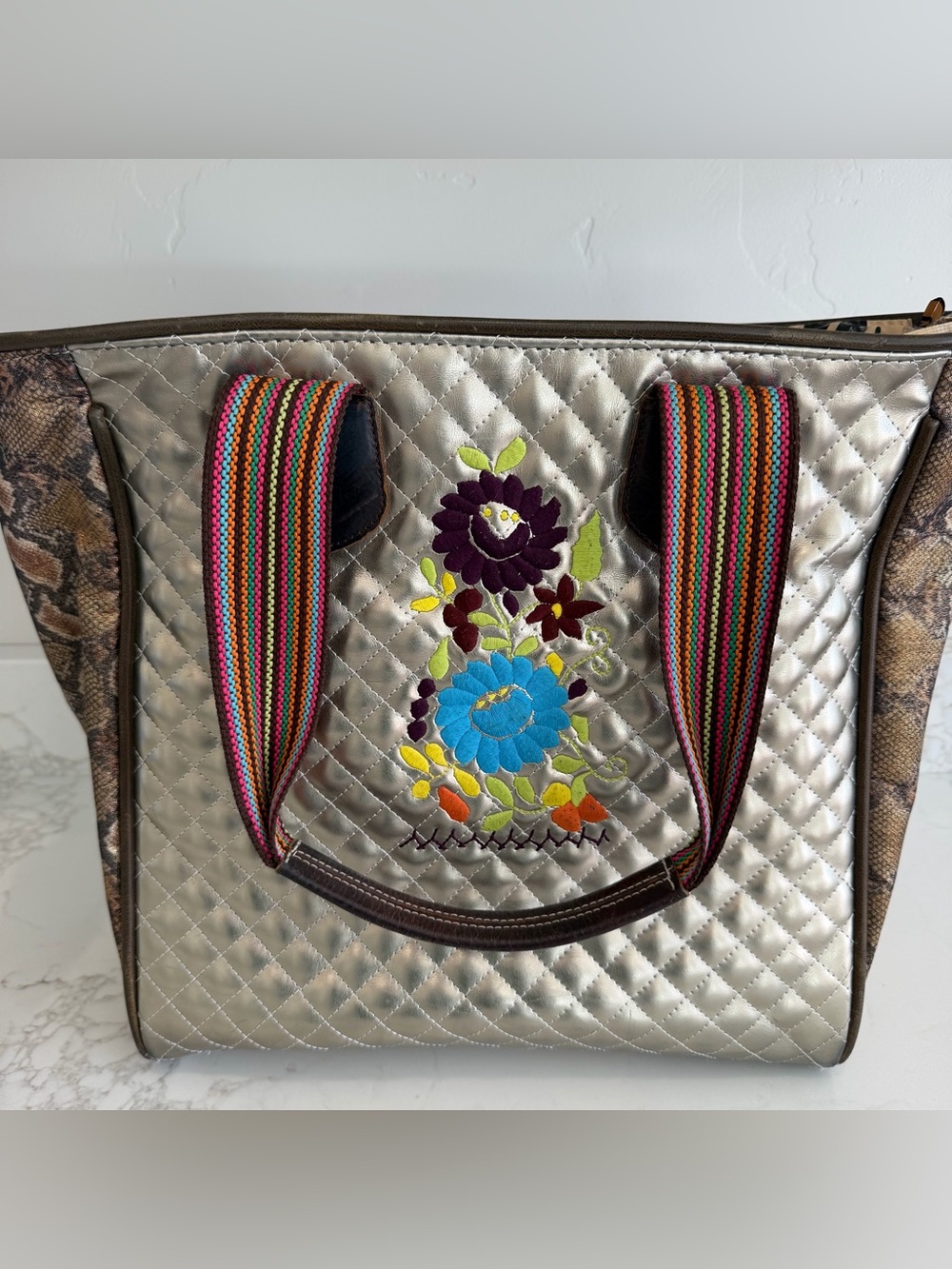 Consuela Metallic Snake Print Floral Embroidered Zebra Print Tote Bag